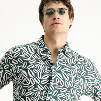 Koyu Yeşil Uzun Kol Oversize Baskılı Keten Karışımlı Gömlek