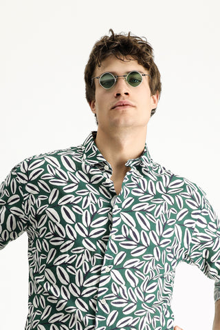  Koyu Yeşil Uzun Kol Oversize Baskılı Keten Karışımlı Pamuklu Gömlek