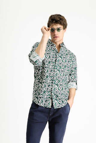  Koyu Yeşil Uzun Kol Oversize Baskılı Keten Karışımlı Pamuklu Gömlek