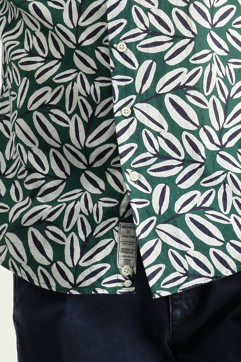 Koyu Yeşil Uzun Kol Oversize Baskılı Keten Karışımlı Pamuklu Gömlek