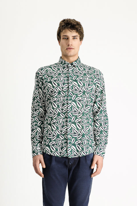 Koyu Yeşil Uzun Kol Oversize Baskılı Keten Karışımlı Pamuklu Gömlek