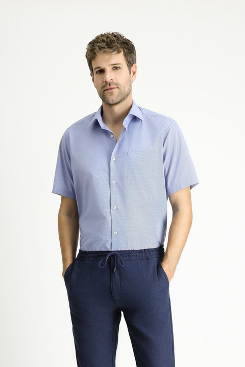 Koyu Mavi  Kısa Kol Regular Fit Desenli Pamuk Gömlek