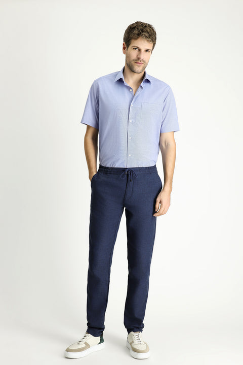 Koyu Mavi  Kısa Kol Regular Fit Desenli Pamuk Gömlek