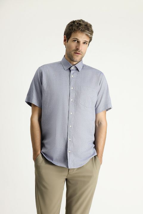 Orta Gri Kısa Kol Regular Fit Desenli Pamuk Gömlek