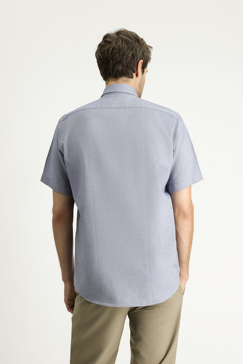 Orta Gri Kısa Kol Regular Fit Desenli Pamuk Gömlek