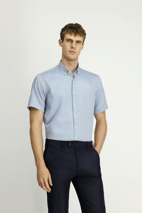 Açık Lacivert Kısa Kol Regular Fit Cepli Düğmeli Yaka Desenli Pamuk Gömlek