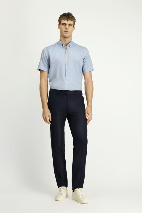 Açık Lacivert Kısa Kol Regular Fit Cepli Düğmeli Yaka Desenli Pamuk Gömlek