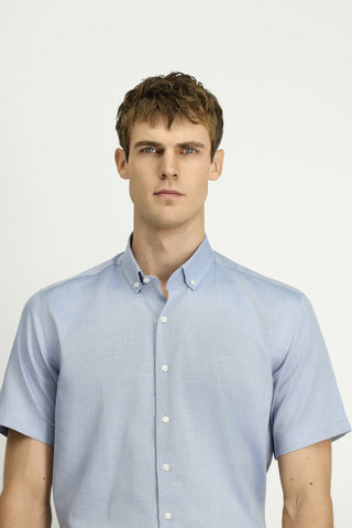  Açık Lacivert Kısa Kol Regular Fit Düğmeli Yaka Desenli Pamuk Gömlek