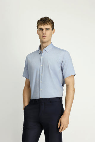  Açık Lacivert Kısa Kol Regular Fit Düğmeli Yaka Desenli Pamuk Gömlek