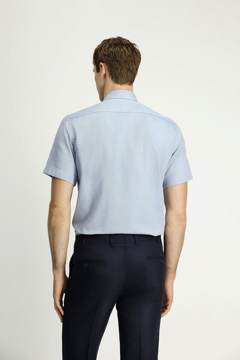 Açık Lacivert Kısa Kol Regular Fit Cepli Düğmeli Yaka Desenli Pamuk Gömlek