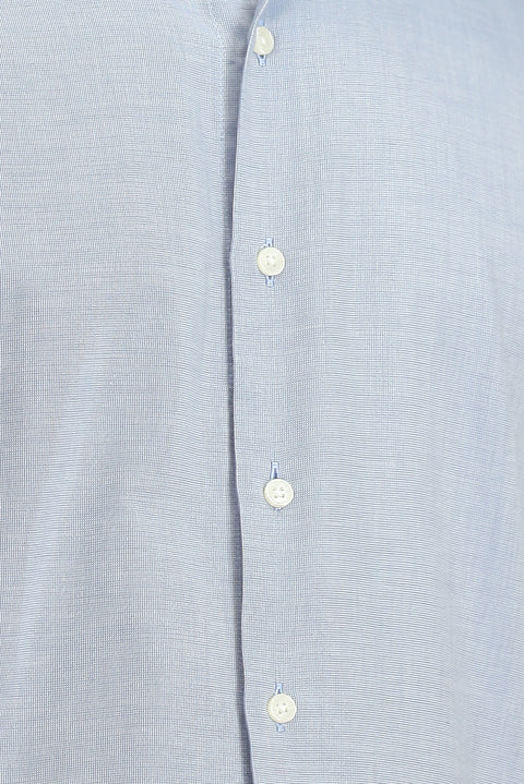 Açık Lacivert Kısa Kol Regular Fit Cepli Düğmeli Yaka Desenli Pamuk Gömlek