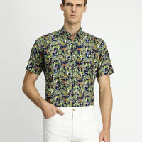 Koyu Lacivert Kısa Kol Regular Fit Cepli Düğmeli Yaka Desenli Pamuk Gömlek