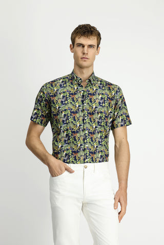  Koyu Lacivert Kısa Kol Regular Fit Cepli Düğmeli Yaka Desenli Pamuk Gömlek