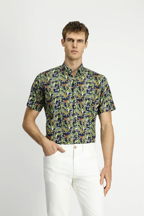 Koyu Lacivert Kısa Kol Regular Fit Cepli Düğmeli Yaka Desenli Pamuk Gömlek