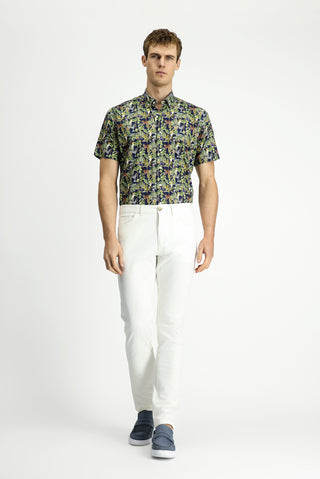  Koyu Lacivert Kısa Kol Regular Fit Cepli Düğmeli Yaka Desenli Pamuk Gömlek