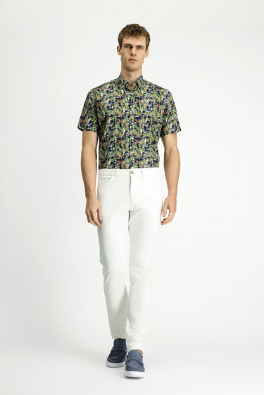  Koyu Lacivert Kısa Kol Regular Fit Cepli Düğmeli Yaka Desenli Pamuk Gömlek