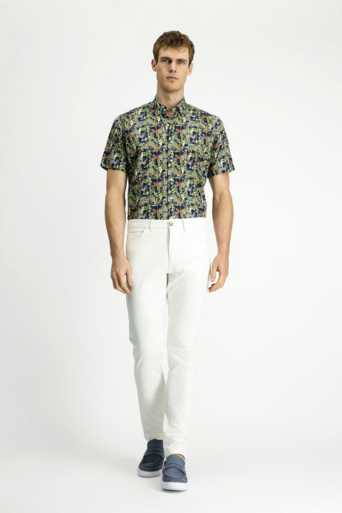 Koyu Lacivert Kısa Kol Regular Fit Cepli Düğmeli Yaka Desenli Pamuk Gömlek