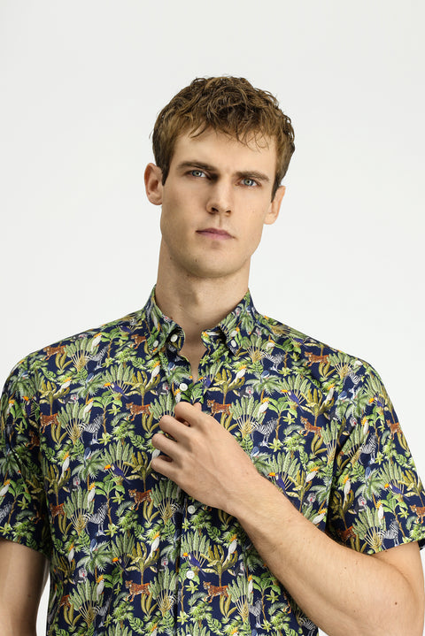 Koyu Lacivert Kısa Kol Regular Fit Cepli Düğmeli Yaka Desenli Pamuk Gömlek