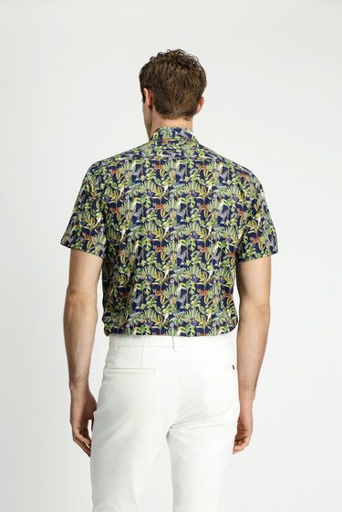  Koyu Lacivert Kısa Kol Regular Fit Cepli Düğmeli Yaka Desenli Pamuk Gömlek