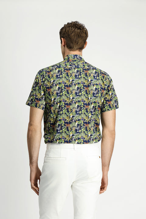 Koyu Lacivert Kısa Kol Regular Fit Cepli Düğmeli Yaka Desenli Pamuk Gömlek