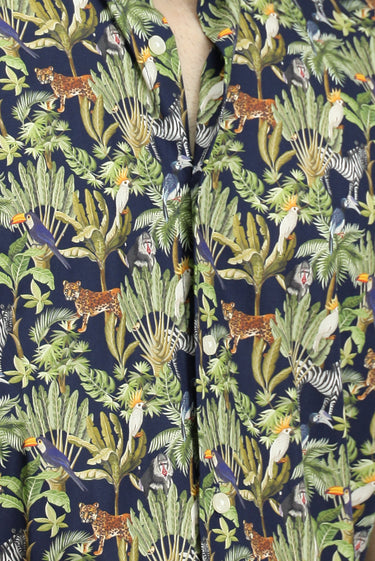 Koyu Lacivert Kısa Kol Regular Fit Cepli Düğmeli Yaka Desenli Pamuk Gömlek