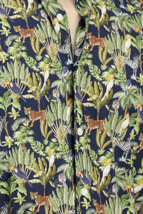 Koyu Lacivert Kısa Kol Regular Fit Cepli Düğmeli Yaka Desenli Pamuk Gömlek