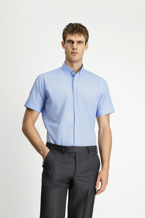 Açık Mavi Kısa Kol Regular Fit Cepli Düğmeli Yaka Desenli Pamuk Gömlek