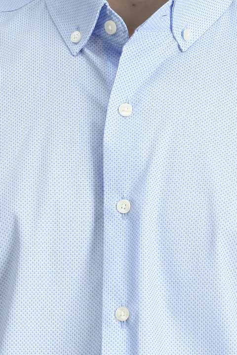 Açık Mavi Kısa Kol Regular Fit Cepli Düğmeli Yaka Desenli Pamuk Gömlek