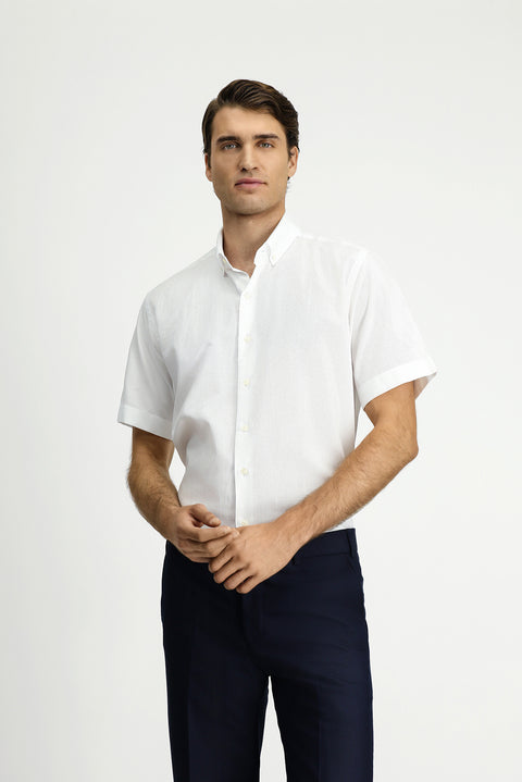 Beyaz Kısa Kol Regular Fit Cepli Düğmeli Yaka Desenli Pamuk Gömlek
