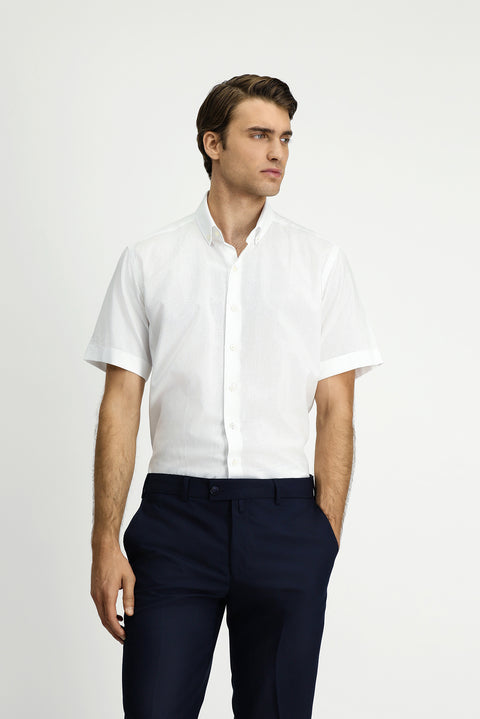 Beyaz Kısa Kol Regular Fit Cepli Düğmeli Yaka Desenli Pamuk Gömlek