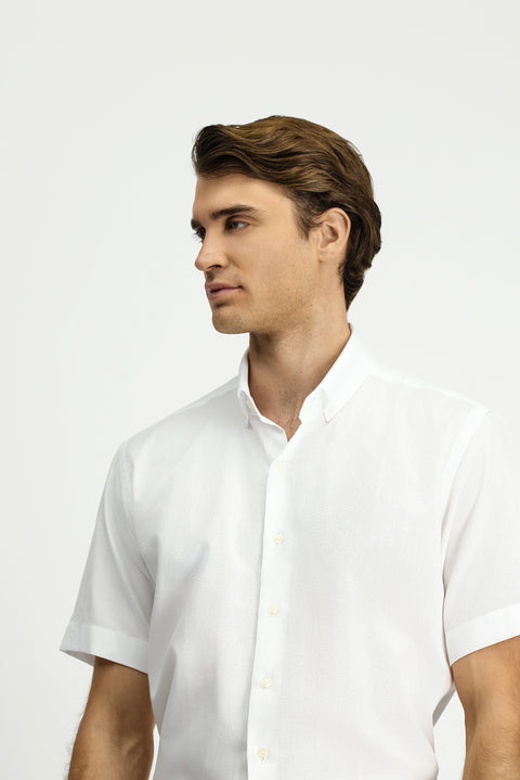 Beyaz Kısa Kol Regular Fit Cepli Düğmeli Yaka Desenli Pamuk Gömlek