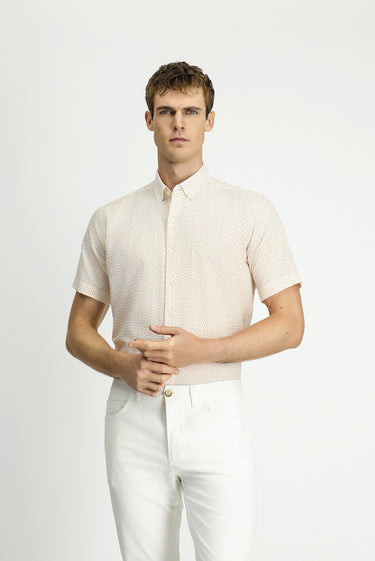  Koyu Sarı Kısa Kol Regular Fit Cepli Düğmeli Yaka Desenli Pamuk Gömlek