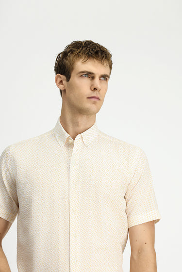  Koyu Sarı Kısa Kol Regular Fit Cepli Düğmeli Yaka Desenli Pamuk Gömlek