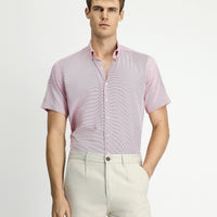 Mercan Kırmızı Kısa Kol Regular Fit Cepli Düğmeli Yaka Desenli Pamuk Gömlek