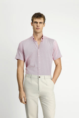  Mercan Kırmızı Kısa Kol Regular Fit Cepli Düğmeli Yaka Desenli Pamuk Gömlek