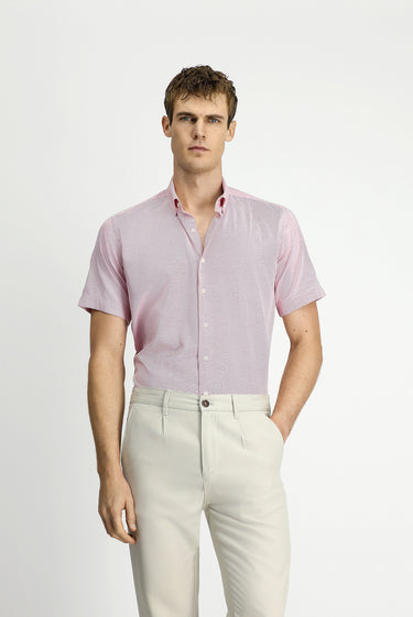  Mercan Kırmızı Kısa Kol Regular Fit Cepli Düğmeli Yaka Desenli Pamuk Gömlek