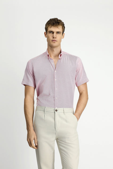 Mercan Kırmızı Kısa Kol Regular Fit Cepli Düğmeli Yaka Desenli Pamuk Gömlek