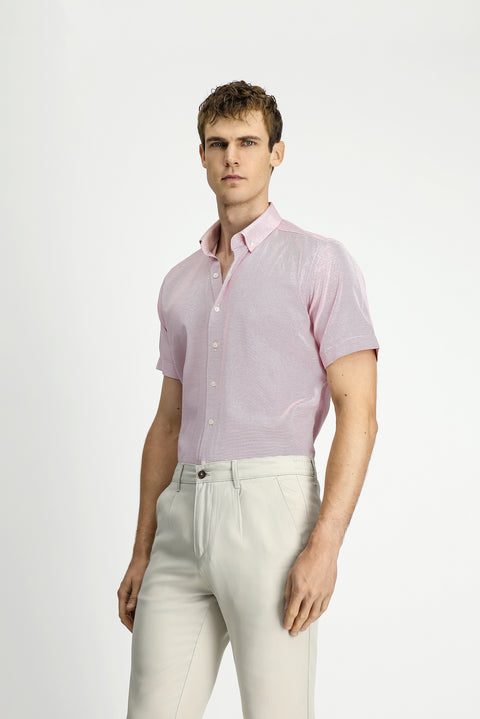 Mercan Kırmızı Kısa Kol Regular Fit Cepli Düğmeli Yaka Desenli Pamuk Gömlek