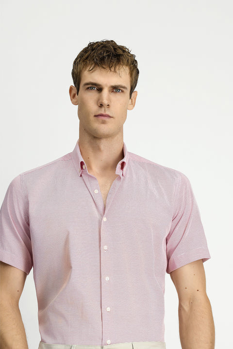 Mercan Kırmızı Kısa Kol Regular Fit Cepli Düğmeli Yaka Desenli Pamuk Gömlek