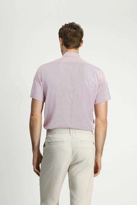 Mercan Kırmızı Kısa Kol Regular Fit Cepli Düğmeli Yaka Desenli Pamuk Gömlek