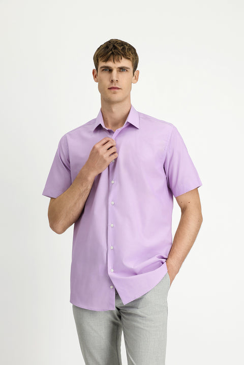 Lila Kısa Kol Regular Fit Pamuk Gömlek
