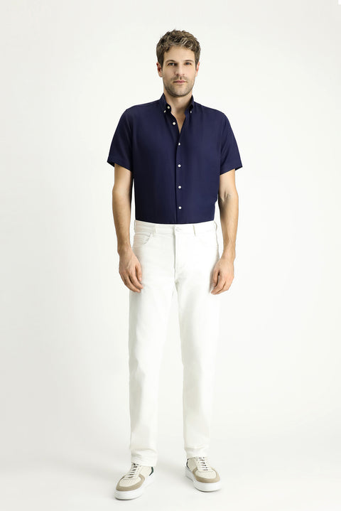 Koyu Lacivert Kısa Kol Regular Fit Desenli Pamuklu Kolay Ütülenebilir Gömlek