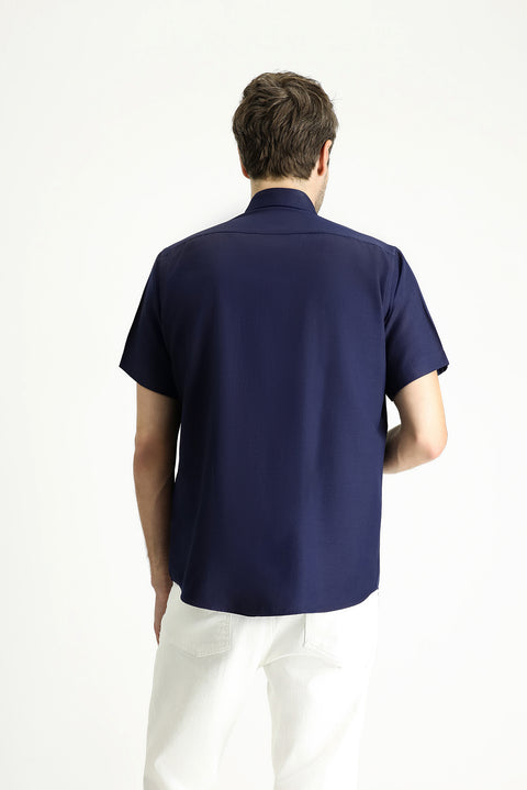 Koyu Lacivert Kısa Kol Regular Fit Desenli Pamuklu Kolay Ütülenebilir Gömlek