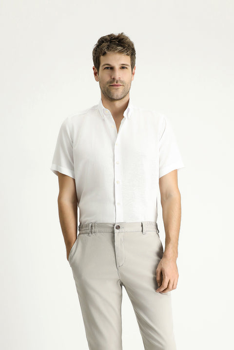 Beyaz Kısa Kol Regular Fit Desenli Pamuklu Kolay Ütülenebilir Gömlek