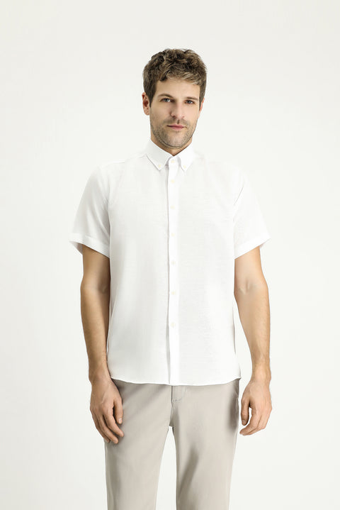 Beyaz Kısa Kol Regular Fit Desenli Pamuklu Kolay Ütülenebilir Gömlek