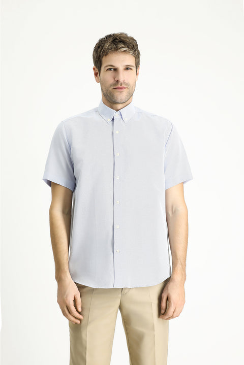 Açık Mavi Kısa Kol Regular Fit Desenli Pamuklu Kolay Ütülenebilir Düğmeli Yaka Gömlek