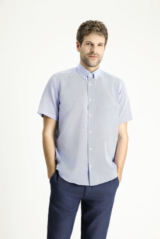  Mavi Kısa Kol Regular Fit Desenli Pamuklu Kolay Ütülenebilir Düğmeli Yaka Gömlek