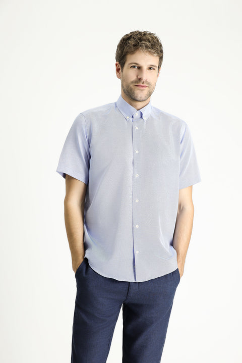 Mavi Kısa Kol Regular Fit Desenli Pamuklu Kolay Ütülenebilir Düğmeli Yaka Gömlek