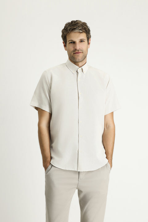 Dark Beige Short Sleeve Regular Fit Patterned Cotton Easy-Iron Button-Down Collar Shirt