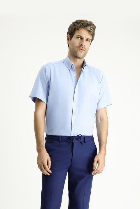 Light Blue Short Sleeve Regular Fit Patterned Cotton Easy-Iron Button-Down Collar Shirt